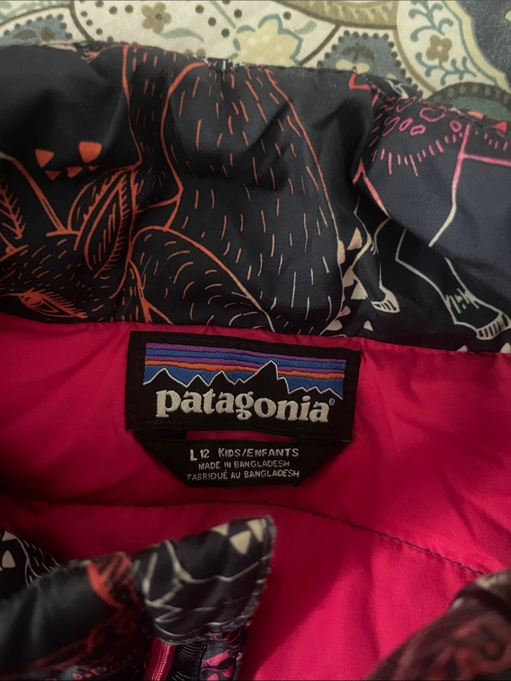 Patagonia Kids Puffer Jacket in Black & Bright Pink with Multicolor Print